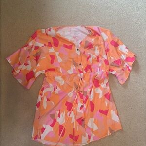 Women's Abstract Print Button-Front Dress - Orange & Pink